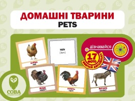 Картки "РОЗВИТОК МАЛЮКА" Домашні тварини 17 карток 17 англійських слів з транскрипцією на зворотному боці і переклад українською.
