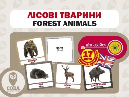 Картки "РОЗВИТОК МАЛЮКА" Лісові тварини 17 карток 17 англійських слів з транскрипцією на зворотному боці і переклад українською